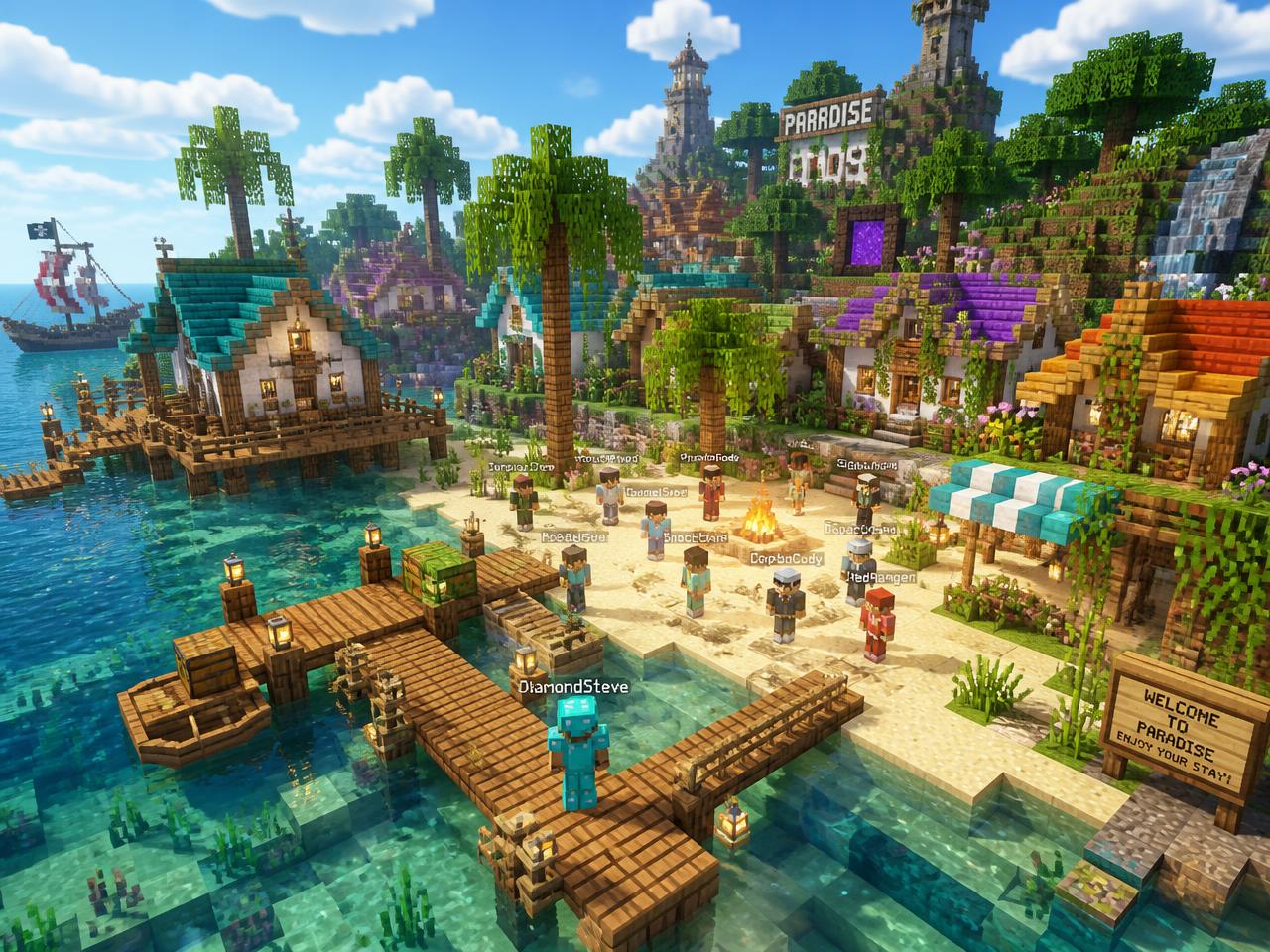Village tropical Minecraft avec des joueurs sur la plage